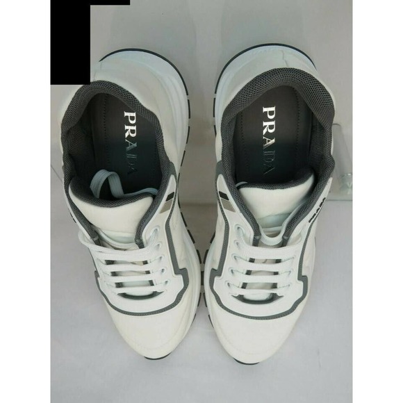 NIB PRADA 4E3382 WHITE NYLON GRAY GABARDINE LOGO PLATFORM SNEAKERS 8.5 / US 9.5 main image 8